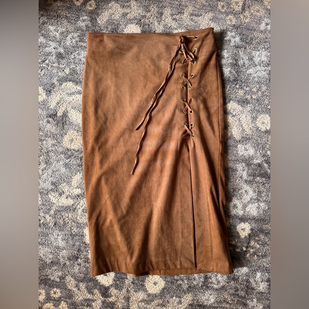New York & Company Brown Lace-Up Faux Suede Skirt